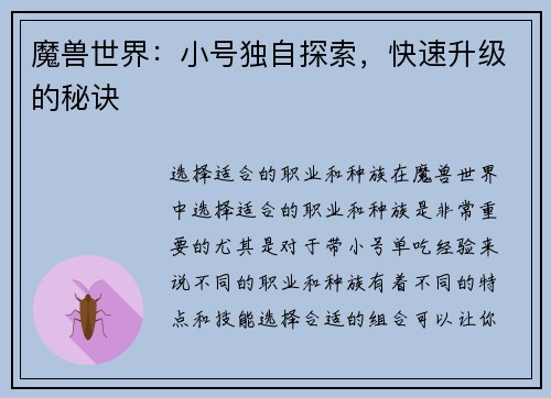 魔兽世界：小号独自探索，快速升级的秘诀